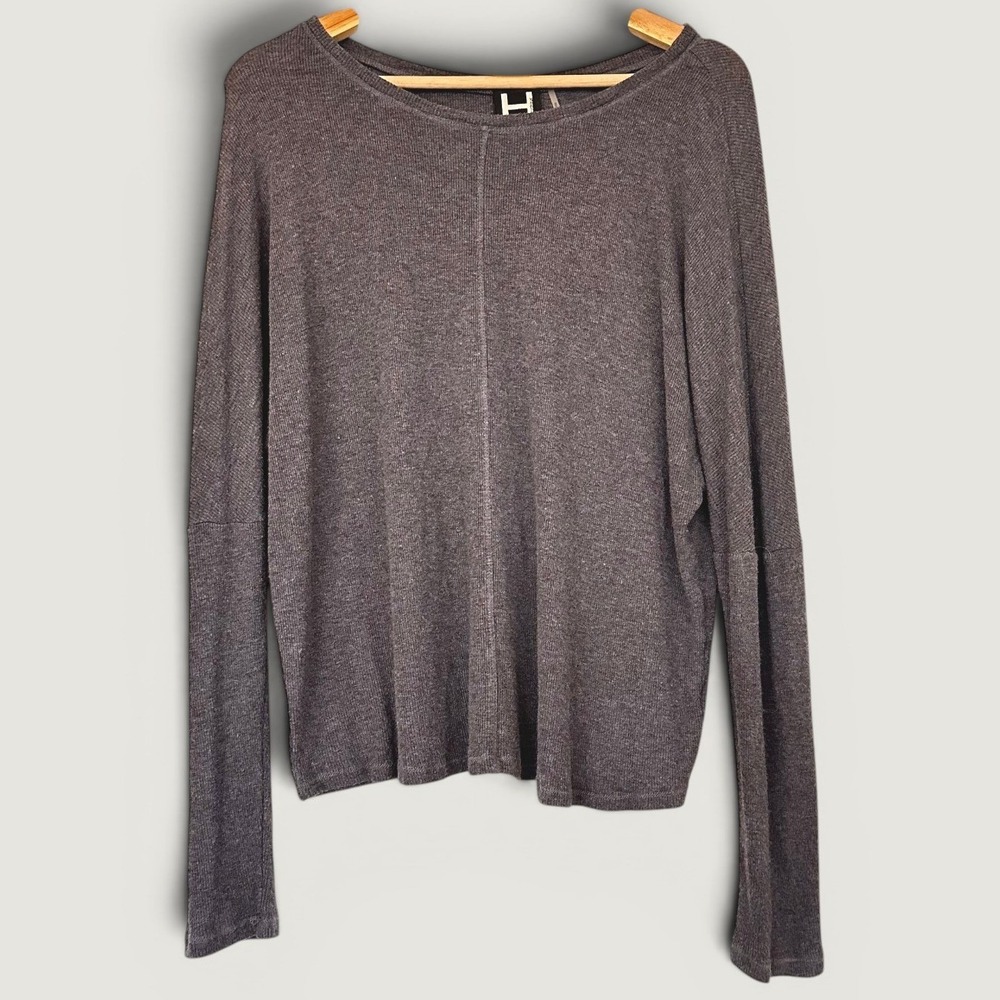 H by Bordeaux Womens Gray Ribbed Long Dolman Sleeve Soft Knit Top Scoop Neck S